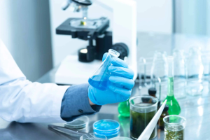Highly detailed laboratory scene with a researcher wearing blue gloves pouring a blue liquid into a test tube, surrounded by scientific glassware, emphasizing mental health research and psychology.