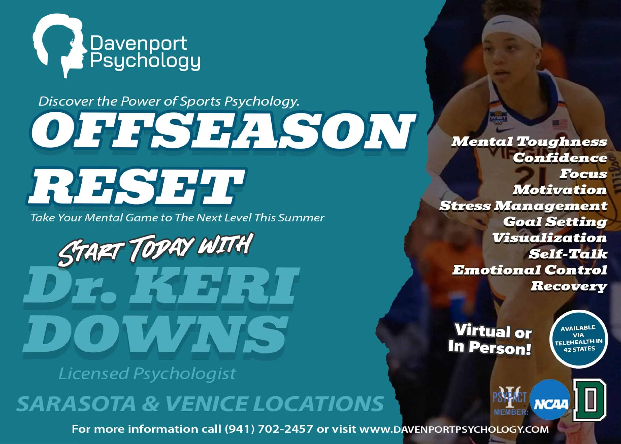 Promotional graphic for Davenport Psychology’s Offseason Reset program, highlighting mental skills training for athletes.