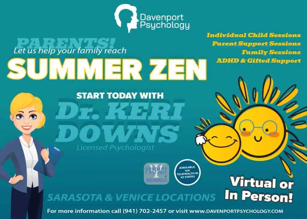 Child Psychologist Sarasota and Venice, FL. Child therapy, gifted therapy, adhd, and parent support at Davenport Psychology. Telehealth available call 941-702-2457 today!