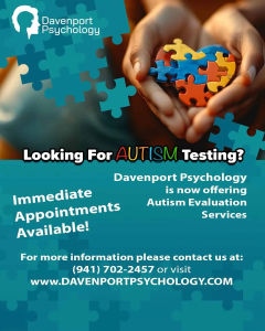 Advertisement for Davenport Psychology’s autism evaluation services in Sarasota and Venice, FL, featuring hands holding a heart-shaped arrangement of jigsaw puzzle pieces with one piece missing, symbolizing autism.