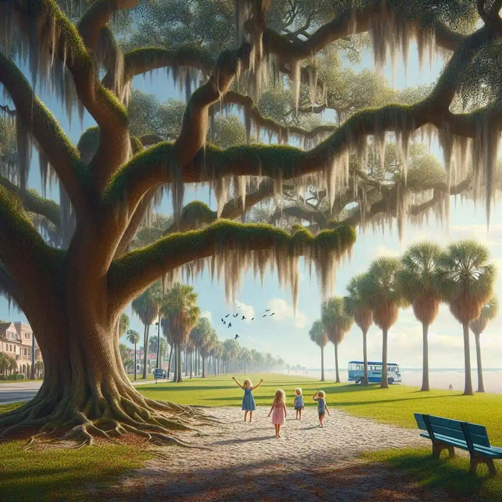 Children playing under old oak trees with Spanish moss in Venice, Florida, on a bright, sunny day