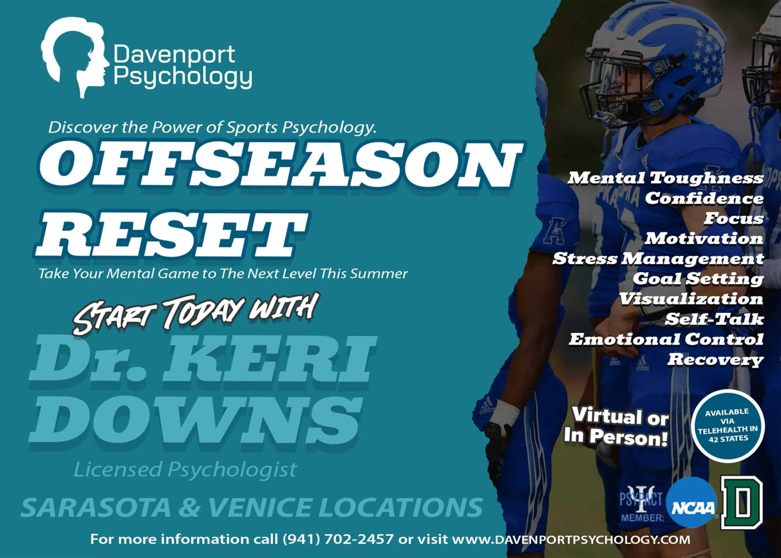 Promotional graphic for Davenport Psychology’s off-season sports psychology services featuring athlete silhouette with brain pattern, highlighting mental training aspects and introducing Dr. Keri Downs.