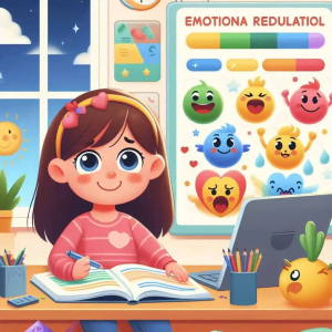 Child studying with an emotional regulation chart in the background