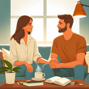 Christian couples counseling session with a supportive therapist, focusing on strengthening relationships through faith.