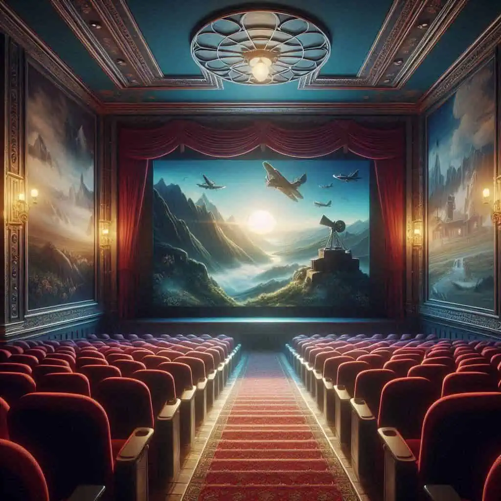 Classic movie theater with red velvet seats, a large screen, and vintage decor, evoking nostalgia and the magic of cinema.