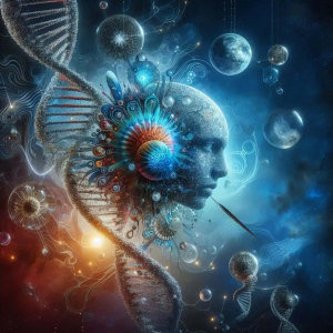 DNA strands and human brain illuminated in a cosmic, futuristic setting, symbolizing neuroscience, mental health, and psychological growth.