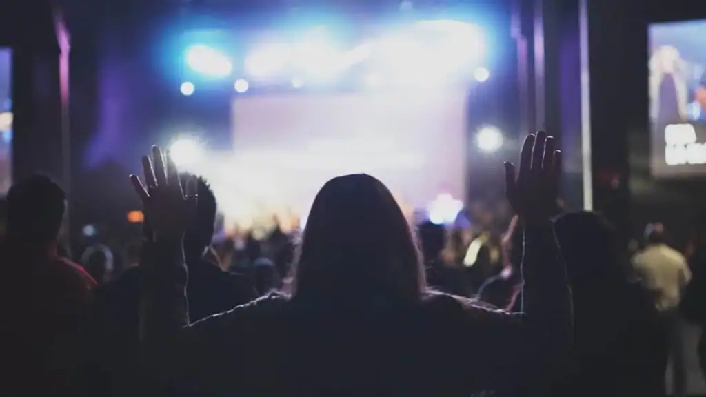 Vibrant concert audience with hands raised during live music event in a dark, energetic atmosphere, capturing the excitement and community feeling of attending a concert at Davenport Psychology.