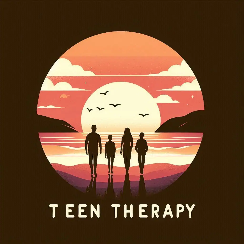 Illustration of four silhouetted figures standing side by side, facing a large setting sun over a body of water with birds flying overhead, with the text ‘Teen Therapy’ at the bottom.
