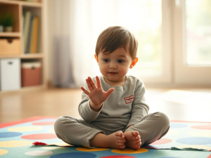 Calm young child sitting cross-legged on a colorful rug in a therapy room, promoting mental health and emotional well-being with Davenport Psychology.