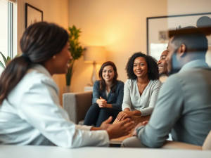 Therapist consulting with diverse group of young adults in a supportive counseling session at Davenport Psychology clinic, mental health therapy, group therapy, psychological counseling, mental wellness center, Iowa.