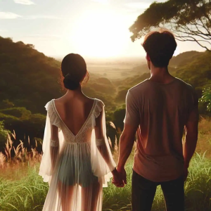 Serene couple holding hands during sunset in a lush green landscape, symbolizing connection and emotional well-being, ideal for mental health and psychological services.
