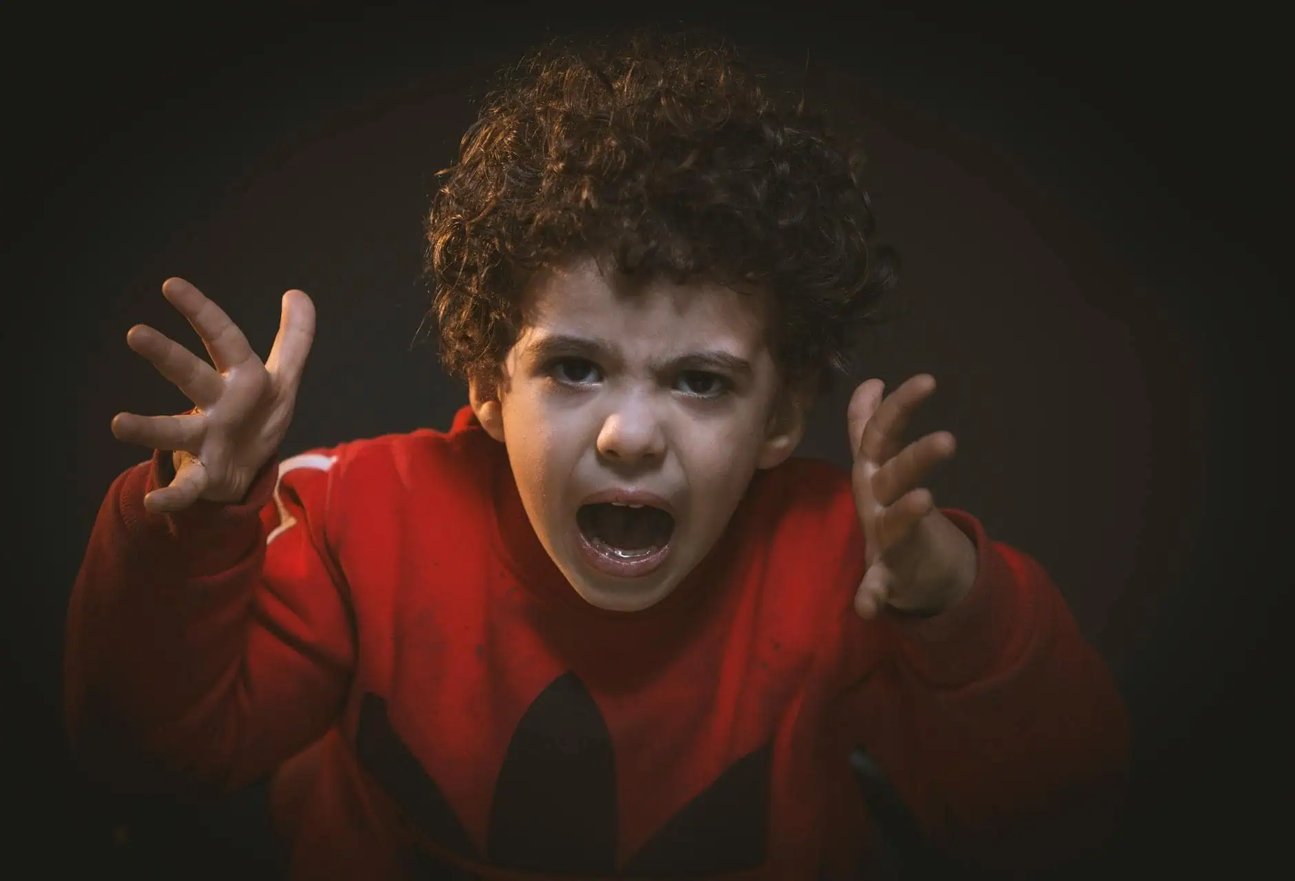 toddler with red adidas sweat shirt