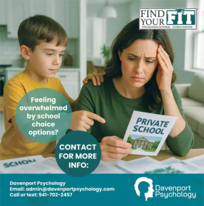 A person holding a "PRIVATE SCHOOL" brochure while another person stands beside them. Text bubbles read "Feeling overwhelmed by school choice options?" and "CONTACT FOR MORE INFO:". Contact information for Davenport Psychology is provided: Email: admin@davenportpsychology.com, Call or text: 941-702-2457.