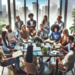 Diverse group of people in a modern office discussing documents and charts at Davenport Psychology in Sarasota and Venice, FL.