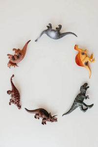 dinosaur toys in circle on the white surface
