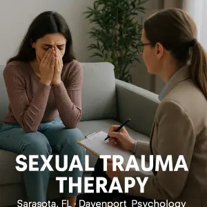 Therapist offering support to a patient during a sexual trauma therapy session at Davenport Psychology in Sarasota, FL.