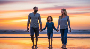 Diverse family walking on Davenport, Florida beach at sunset, symbolizing positive family memories and togetherness for children with autism and special needs.