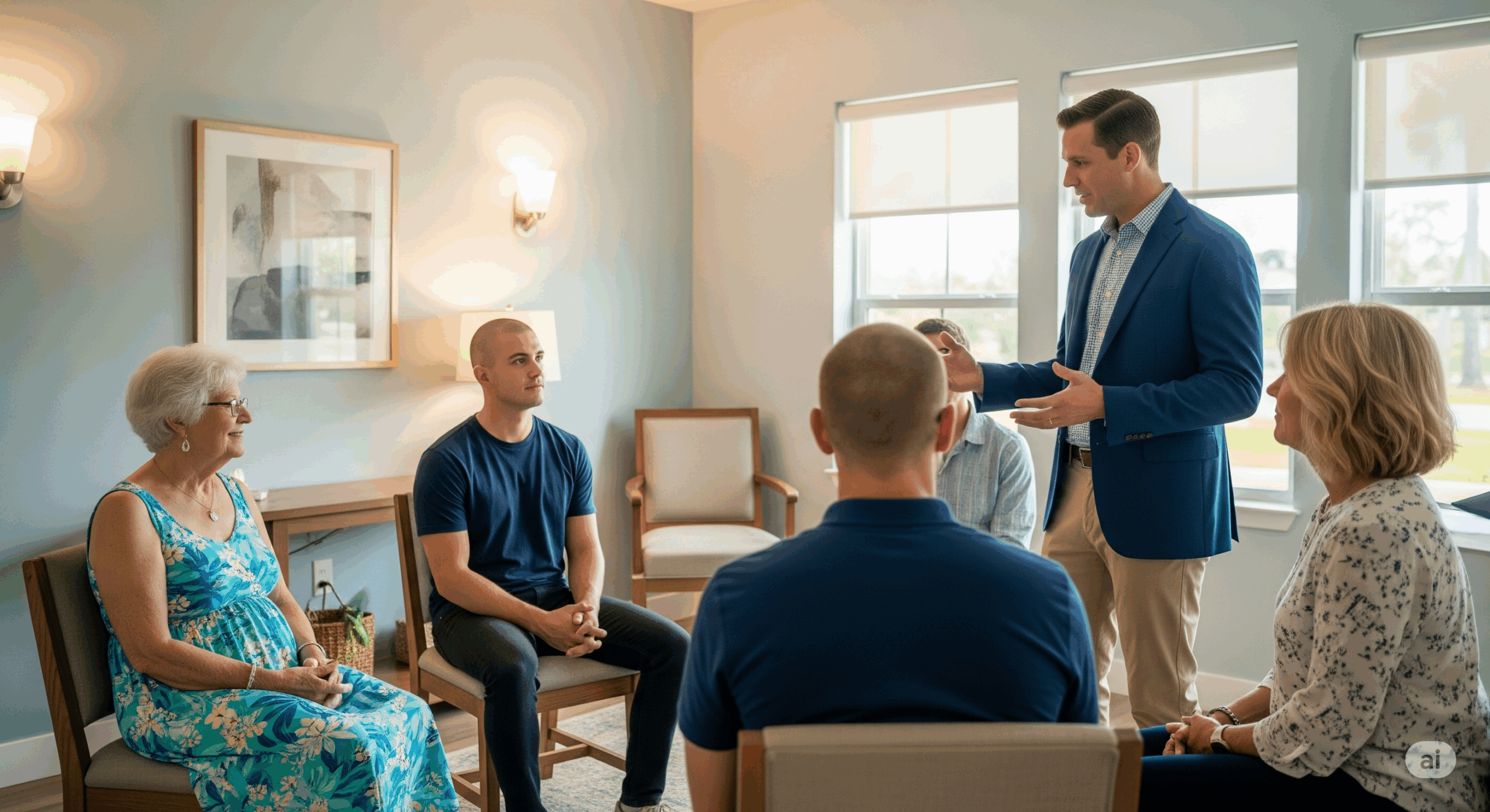 A scene in Venice, Florida: a therapy session in a quiet, well-lit room with natural light. The room has a calming atmosphere, with muted pastel walls and soft lighting. People of various ages and backgrounds are engaged in a therapy session, including an elderly woman in a floral sundress, a young man with a shaved head, and a middle-aged woman with blonde hair