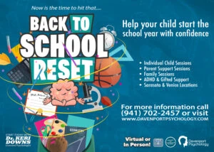 Young girl sitting at a desk with school supplies, representing a child psychologist in Sarasota helping with back-to-school anxiety.