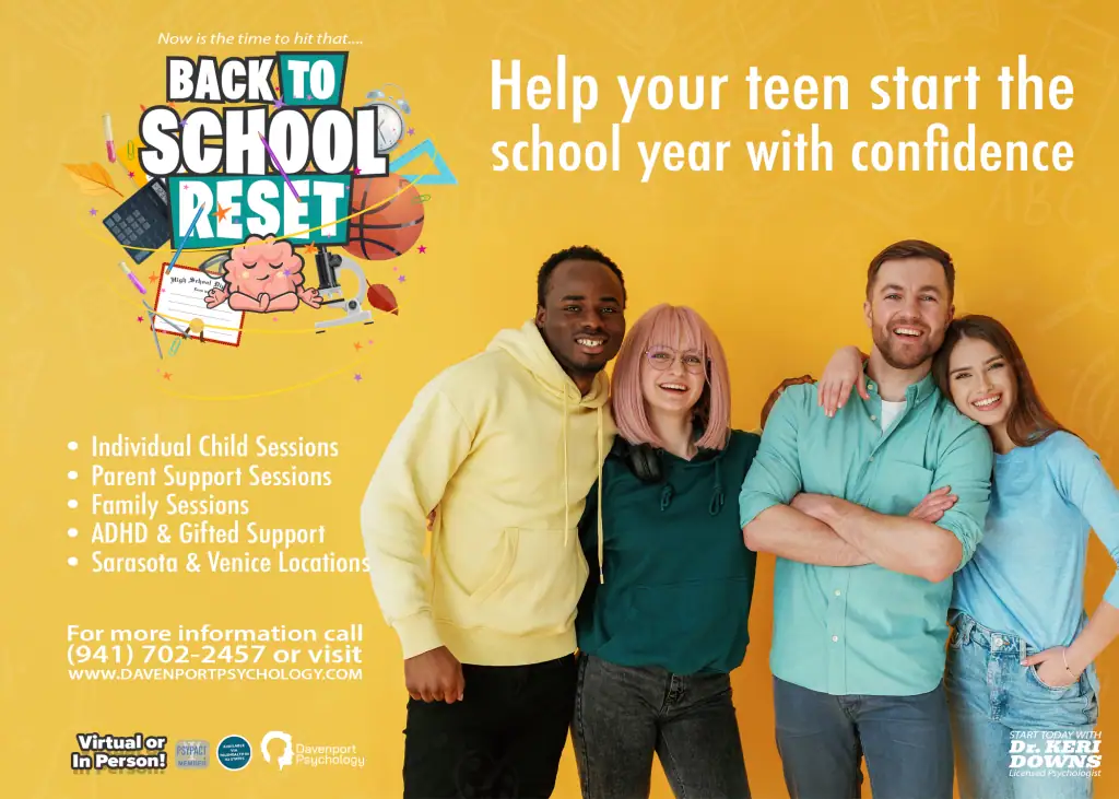 Graphic for Davenport Psychology's Back-to-School Reset program, offering teen therapy in Sarasota and Venice, FL.