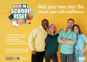 Graphic for Davenport Psychology's Back-to-School Reset program, offering teen therapy in Sarasota and Venice, FL.