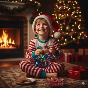 A joyful child in holiday pajamas and a Santa hat, holding Christmas lights and a star ornament by a fireplace and tree, representing holiday spirit in Sarasota & Venice.