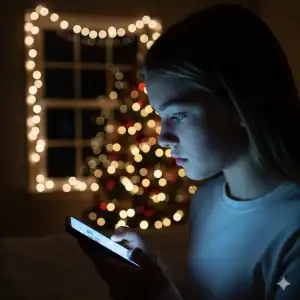 A teenager's face subtly illuminated by the glow of a smartphone screen in a dim room, symbolizing the pervasive nature of social media and its impact on teen mental health in Sarasota and Venice.