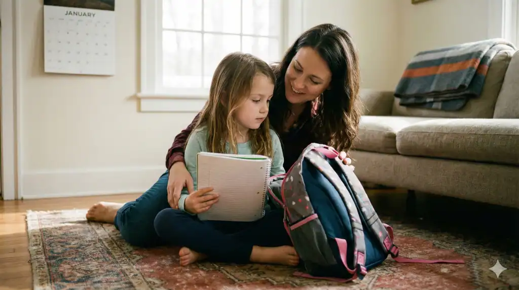 A parent gently comforting a hesitant child while packing a school backpack after winter break.