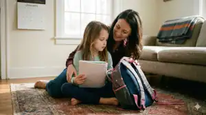 A parent gently comforting a hesitant child while packing a school backpack after winter break.