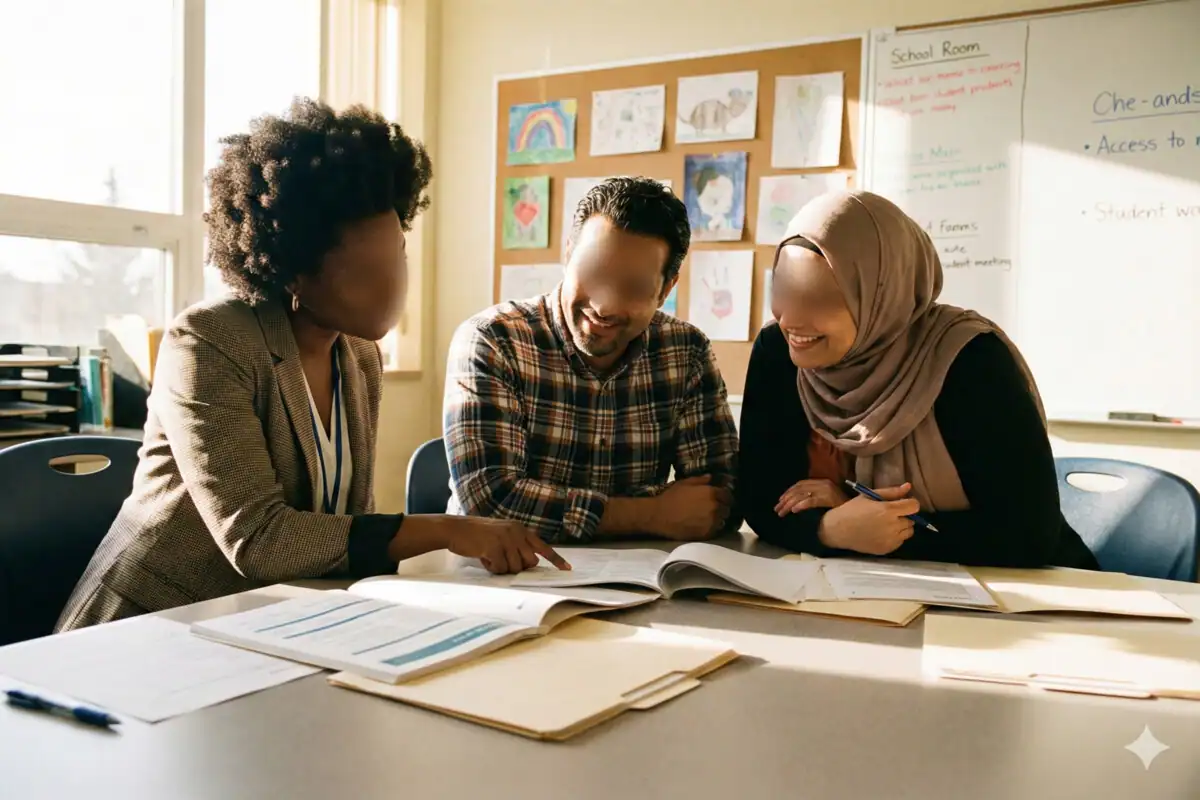 Parents advocating for twice-exceptional child at school IEP or 504 plan meeting