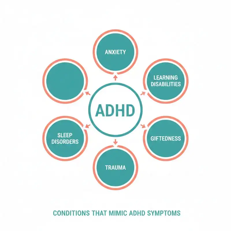 Diagram showing conditions that can mimic ADHD including anxiety, learning disabilities, giftedness, sleep disorders, and trauma