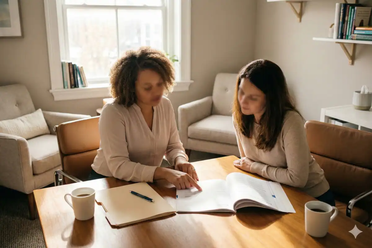 Psychologist explaining testing results to parents during feedback session