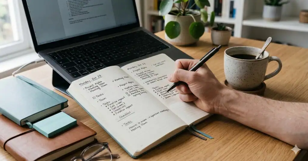 Adult professional organizing a planner while navigating a late ADHD diagnosis with support from a Venice FL psychologist