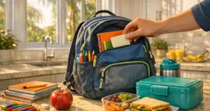 Child's backpack and school supplies representing back-to-school anxiety that Sarasota child psychologists can help families manage