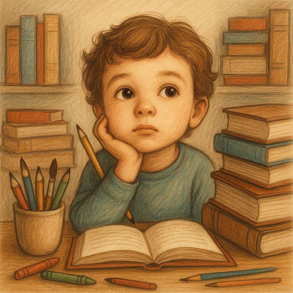 A child with a thoughtful expression, surrounded by books and art supplies, symbolizing creativity and intelligence