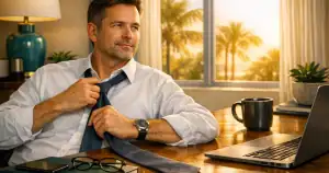 Man in professional setting considering mental health support at a Sarasota psychologist's office, representing men's willingness to seek help