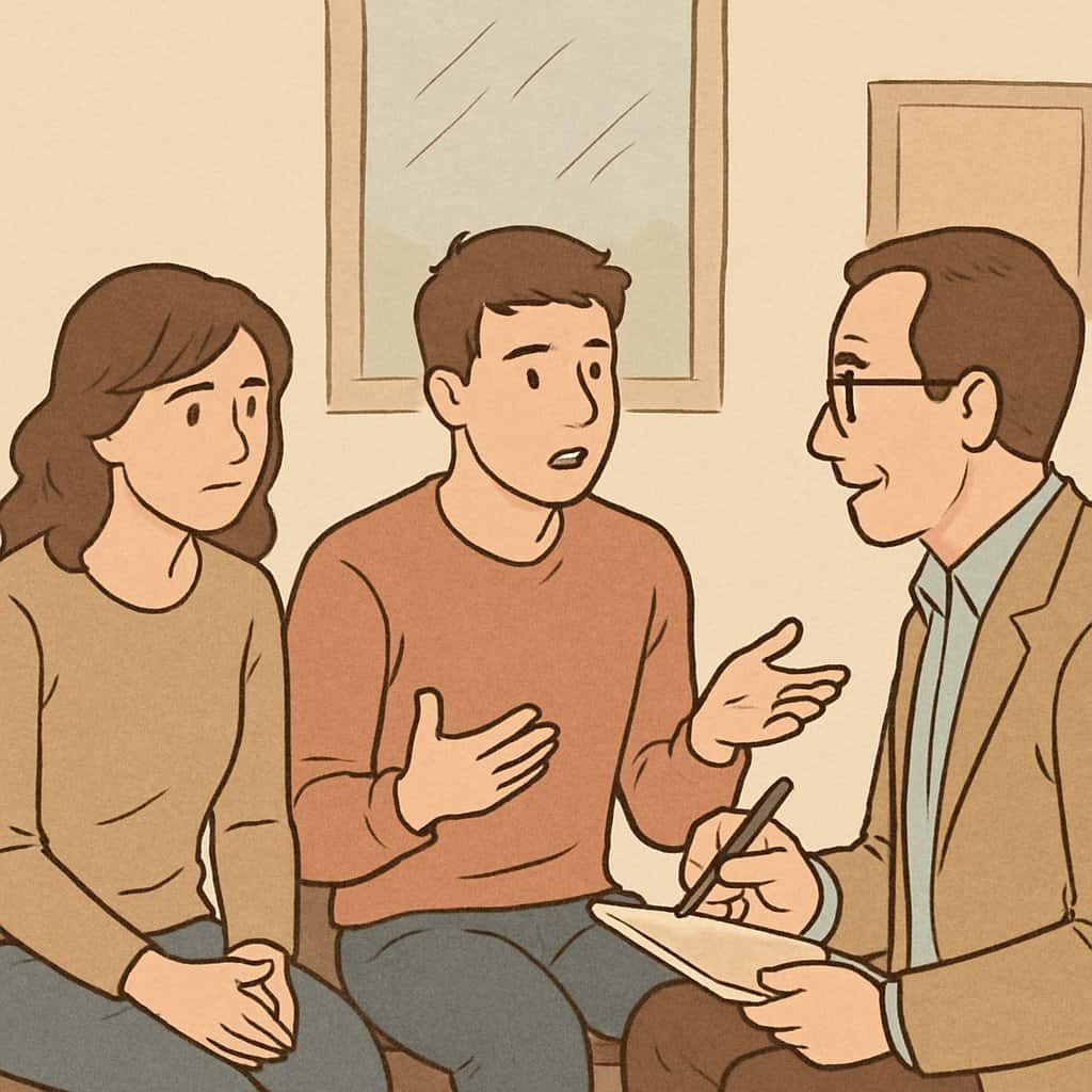 Two people talking with a counselor