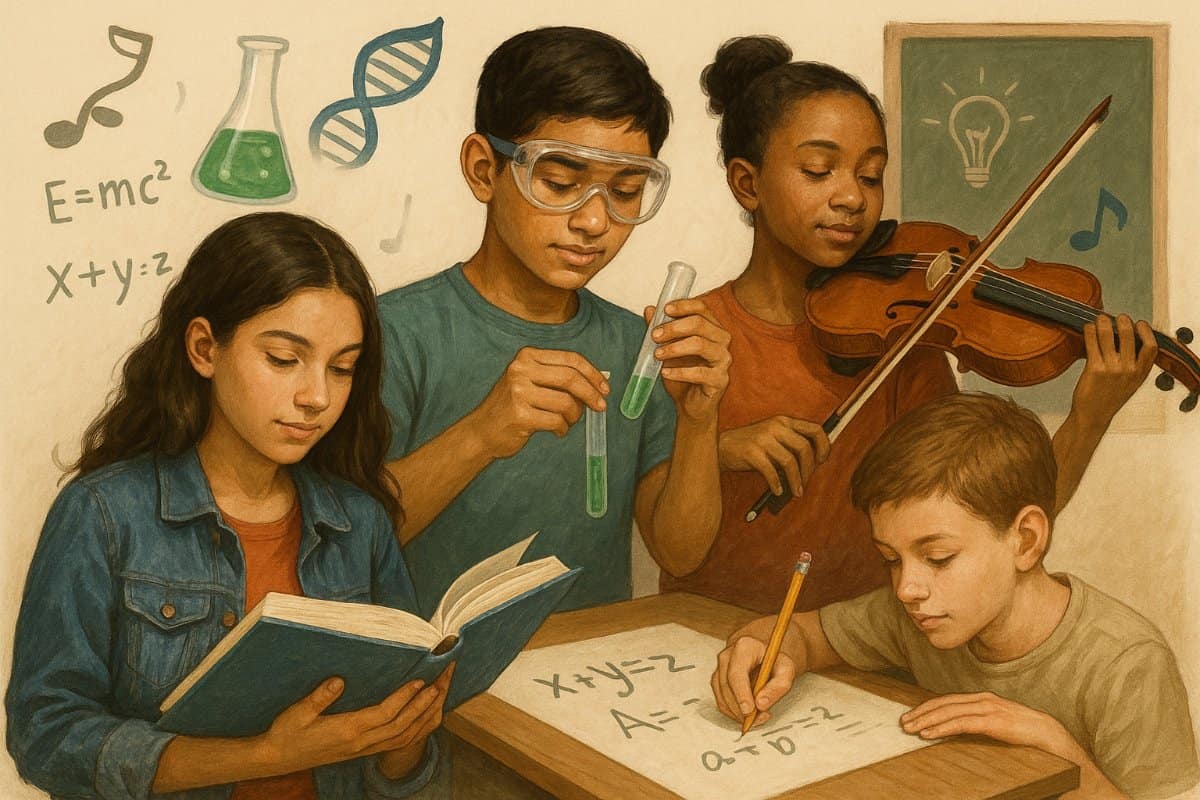 A group of students engaged in different educational and creative activities, showcasing various talents