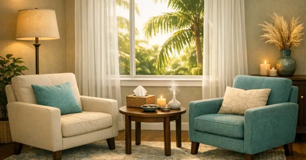 Calm professional psychology office in Sarasota Florida for trauma-informed therapy with two comfortable chairs and natural light