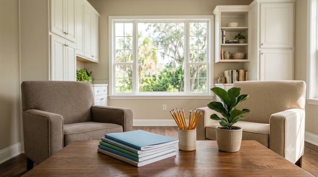 Psychologist’s quiet evaluation room with two facing chairs, low wooden coffee table holding standardized test booklets, sharpened pencils in ceramic cup, and Florida-friendly potted plant