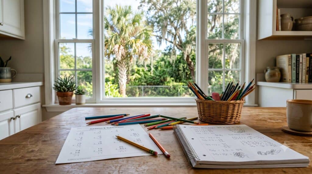 Sunlit homeschool kitchen workspace with open spiral notebook, scattered colored pencils, and Florida palm tree visible through window