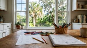 Sunlit homeschool kitchen workspace with open spiral notebook, scattered colored pencils, and Florida palm tree visible through window