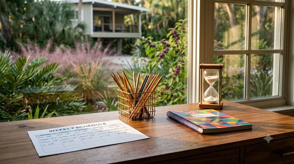 Clean wooden desk with printed weekly schedule, wire basket of sharpened pencils, colorful spiral-bound workbook, and tabletop sand timer in late afternoon Florida light
