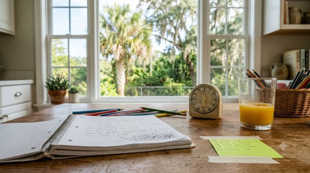 Kitchen table mid-homeschool day with open spiral binder, timer, half-drunk glass of orange juice, and colored sticky-note checklist