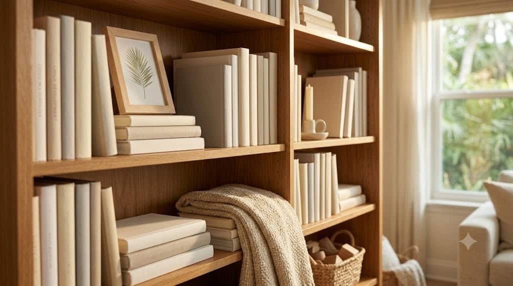 Florida coastal homeschool family bookshelf with neutral hardcover books on child development, learning, and brain science, with framed botanical print and folded throw