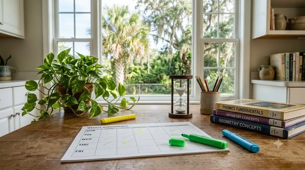 Homeschool workspace with printed weekly planner, three colored highlighters, stack of library books, tabletop sand timer, and potted plant