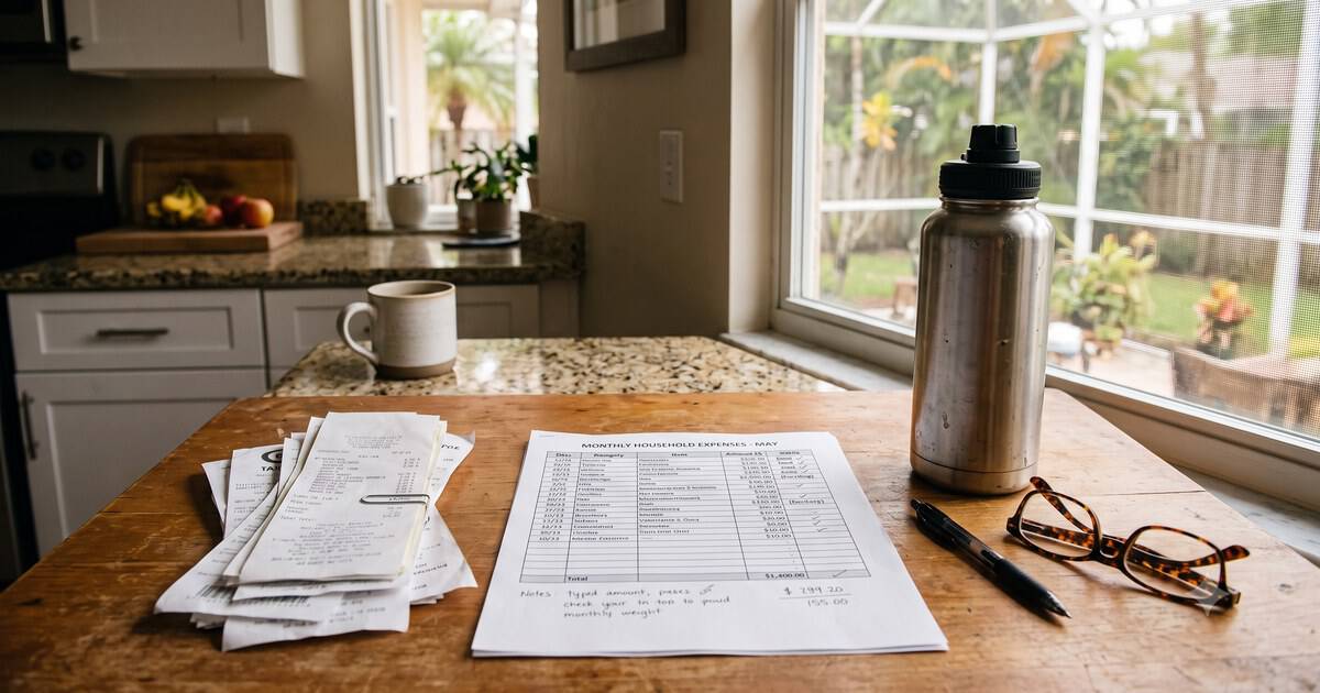 Parent's kitchen desk with a printed monthly expense spreadsheet and a stack of receipts in Florida morning light
