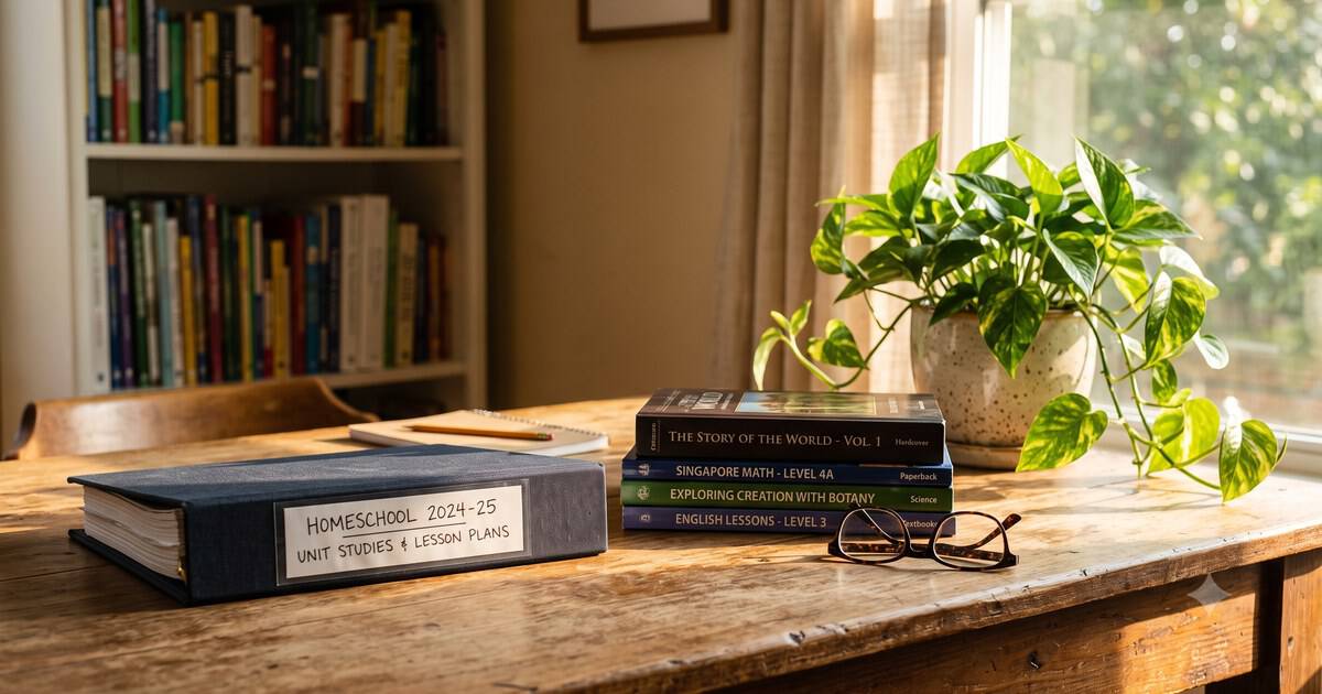 Tidy homeschool corner with a labeled binder, curriculum books, and reading glasses on a wood table