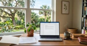 Calm Florida-morning home office with an open laptop, a printed page in a manila folder, and a mug of coffee