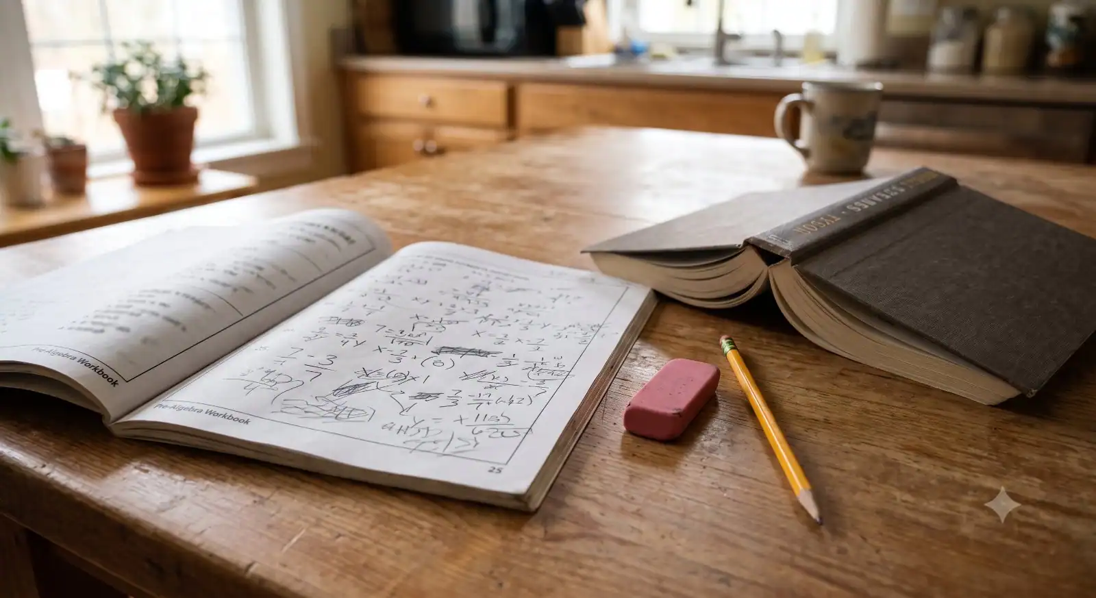Kitchen table with a math workbook page filled in with hurried handwriting, an unused eraser, and an astrophysics chapter book open face-down